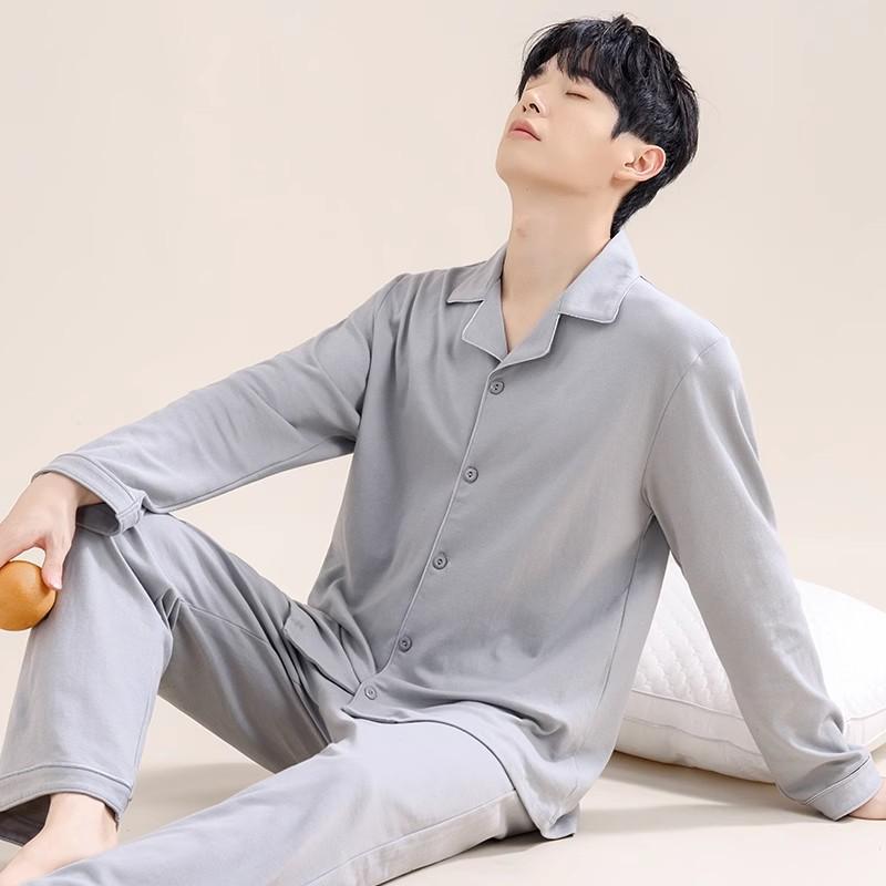 Fashion Brand Pajamas Suit Men Long-sleeved Pure Cotton Spring Autumn Gent Soft Cotton Summer Loungewear Set Male Nightcloth