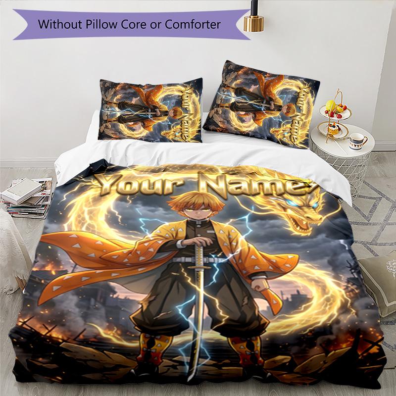 3pcs Agatsuma Zenitsu Cover Set - Personalized Name, HD Printed Bedding with 1 Cover and 2 Pillowcases - Perfect for Home Decor, Easy Care