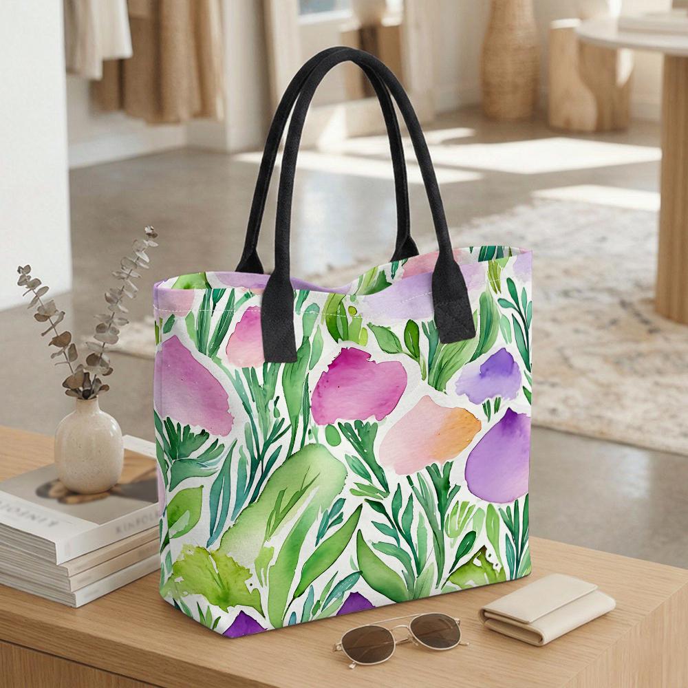 Watercolor Floral Printed Canvas Tote Bag Large Capacity Daily Casual Shoulder Bag for Women