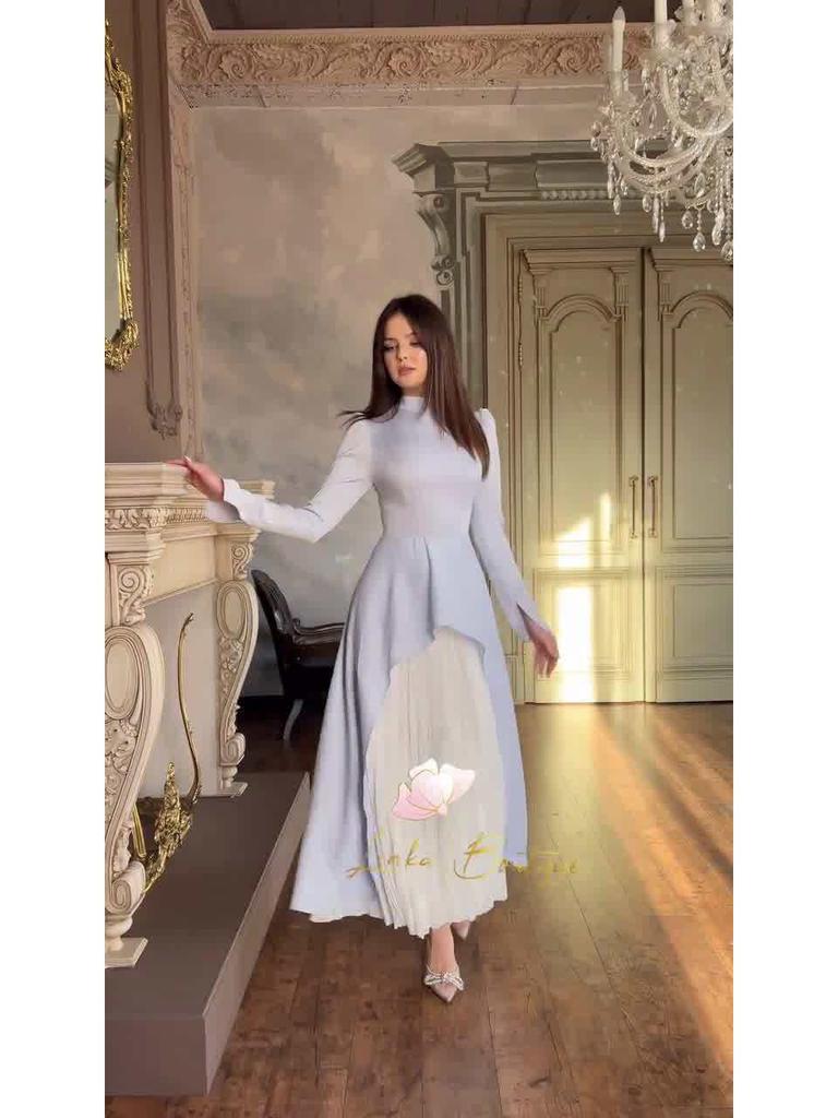 Elegant Retro Long-Sleeve Spring Dress for Women - European & American 2025 Design, Waist-Cinching Style