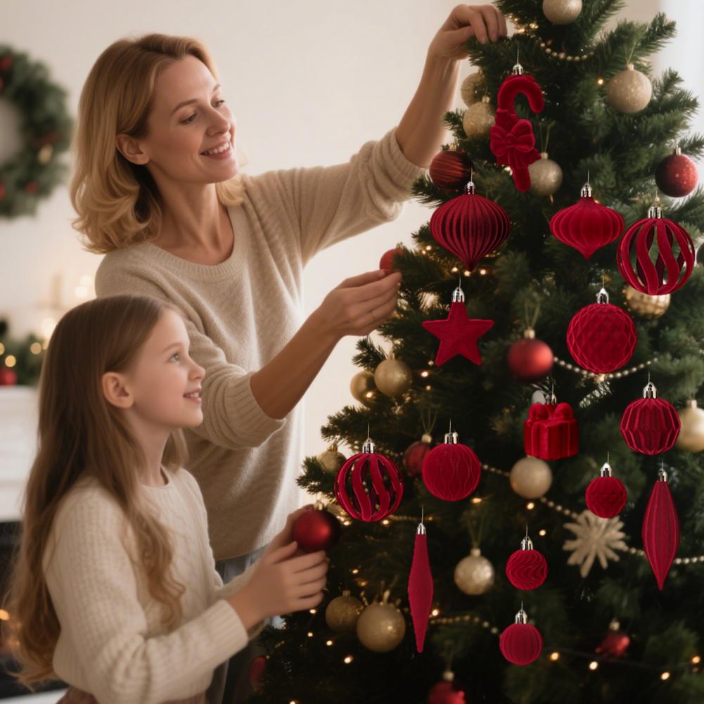 28 Pcs Velvet Christmas Tree Ornaments Set Flocked Balls Star Xmas Tree Hanging Decoration for Holiday Party Decor