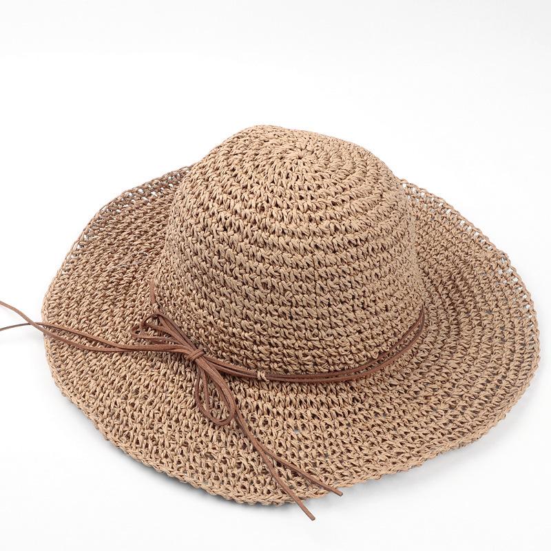 Ladies' Summer Solid Color Hollow Out Large Brim Beach Sun Hat, Pure Straw Crochet Sun Hat Suitable For Hiking