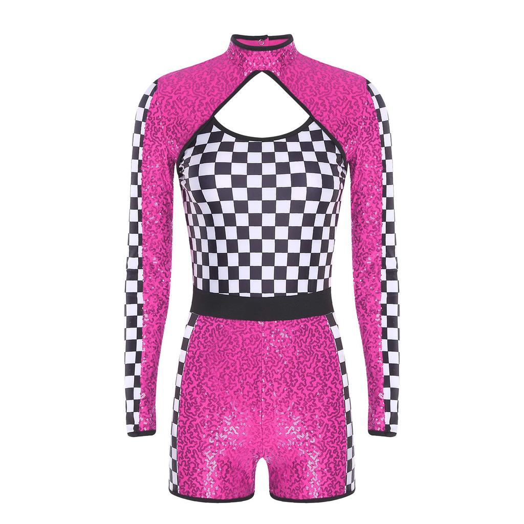 Damen glitzernder pailletten karierter Patchwork Rennfahrer Overall