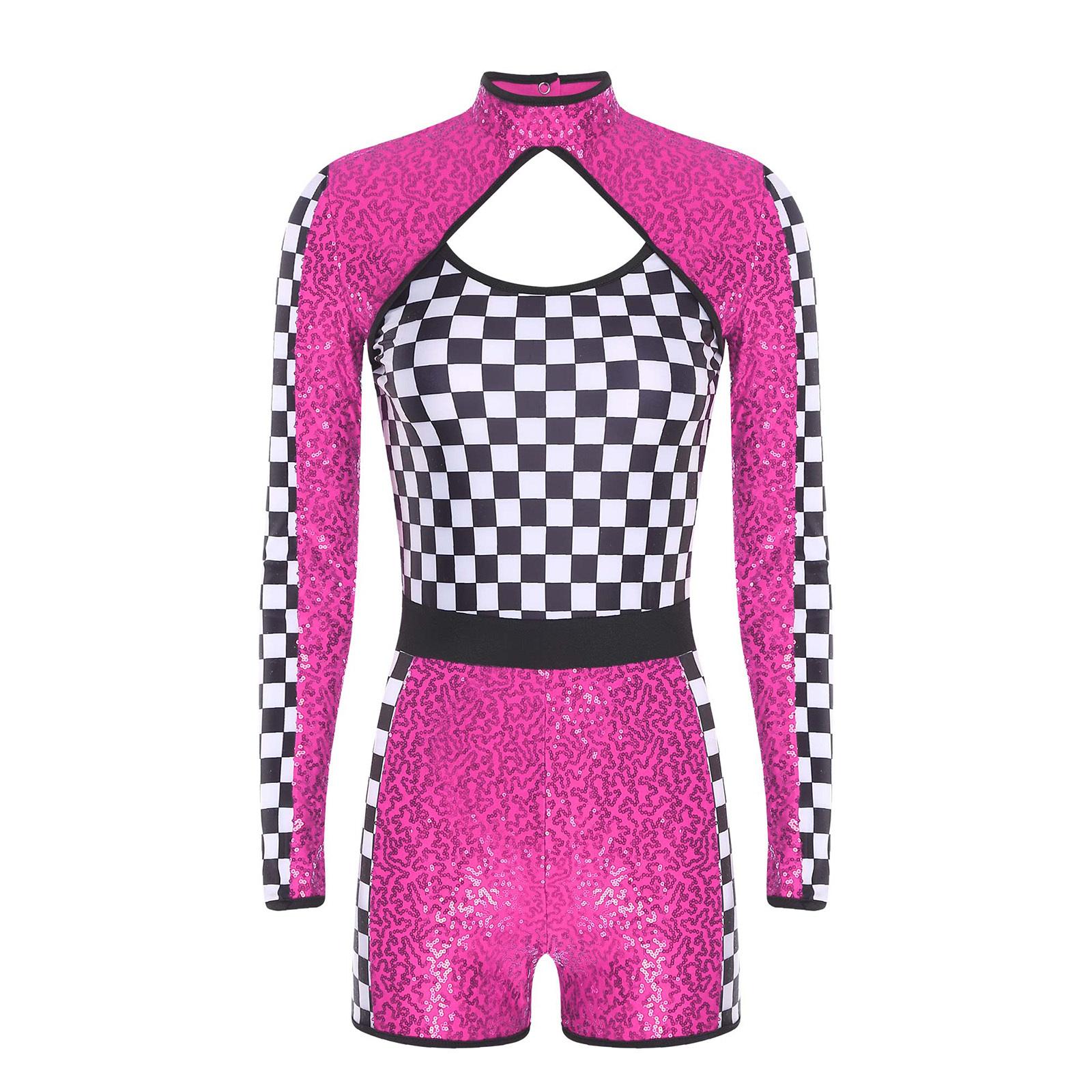 

Women’s Racing Themed Dance Outfit S-XXL Sequins Patchwork Long Sleeve Cutout Front Back Jumpsuit for Stage Role Play Performance S гарячі рожевого кольору
