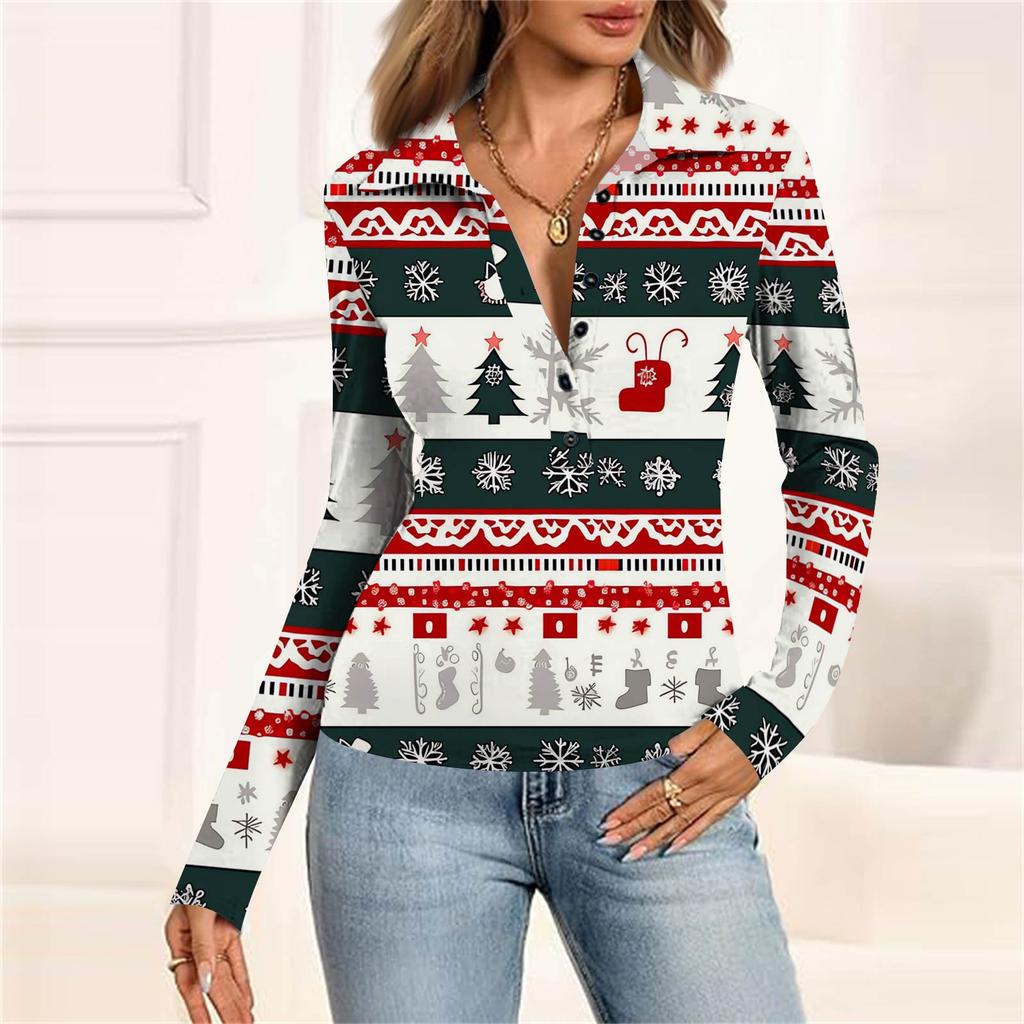 Damenmode Lässig Bedrucktes V-Ausschnitt Langarm Knopfleiste Oberteil