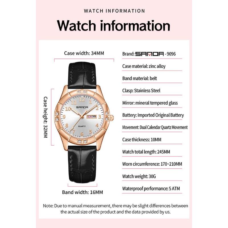SANDA Womens Watch Original Elegant Simple Quartz Wristwatch Waterproof Luminous Leather Strap Ladies Watches Women's Gift