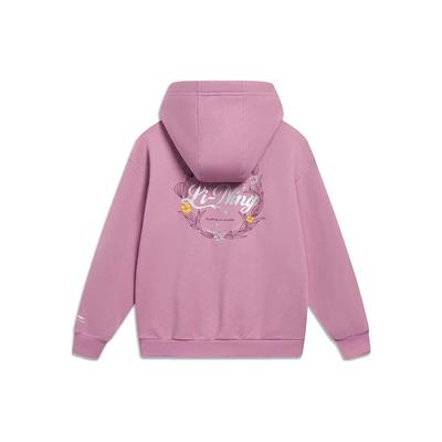 Série Tendência Esportiva Li Ning Padrão Floral com Letras Impresso Moletom Solto Hoodies Femininos Rosa Claro AWDT016-6