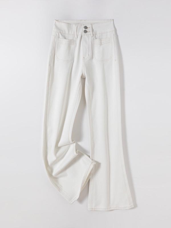 Women's High-Waist Micro-Flare White Denim Pants with Pockets - Four-Way Stretch Leg-Shaping Design for Spring 2026.