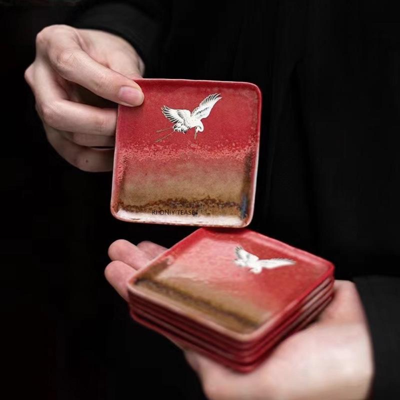 1 Pc Chinese Red Ceramic Tea Cup Coaster Handmade Flying Crane Teacup Mat Household Tea Bowl Master Cup Tea Set Accessories