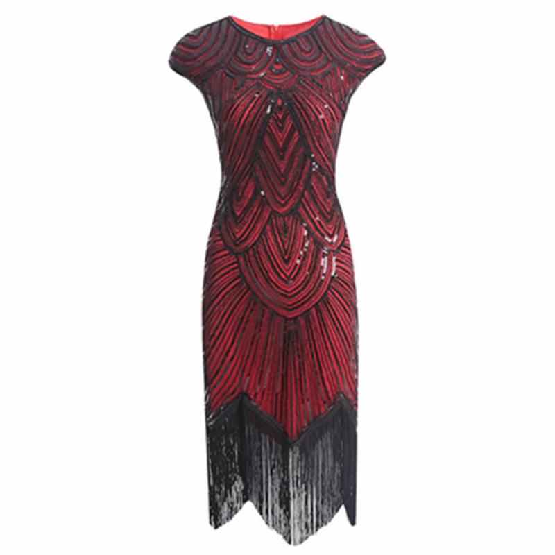 

2025 Gatsby Tassel Sequin Sleeveless Evening Gown: 1920s Retro Style M чорний/червоний