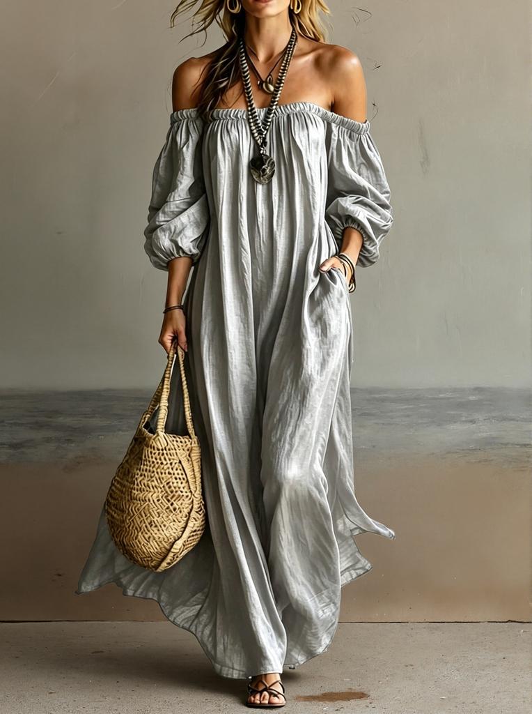 Maxi Abito Casual da Donna a Vestibilità Larga con Maniche Off-Shoulder per Vacanze al Mare