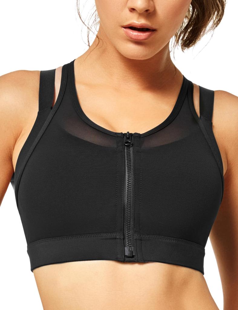 Yvette High Support Sports Fitness Bra for Sizes M Black Women's Bra, Wireless, Non-Slip, Front-Opening, Running, (D-F),