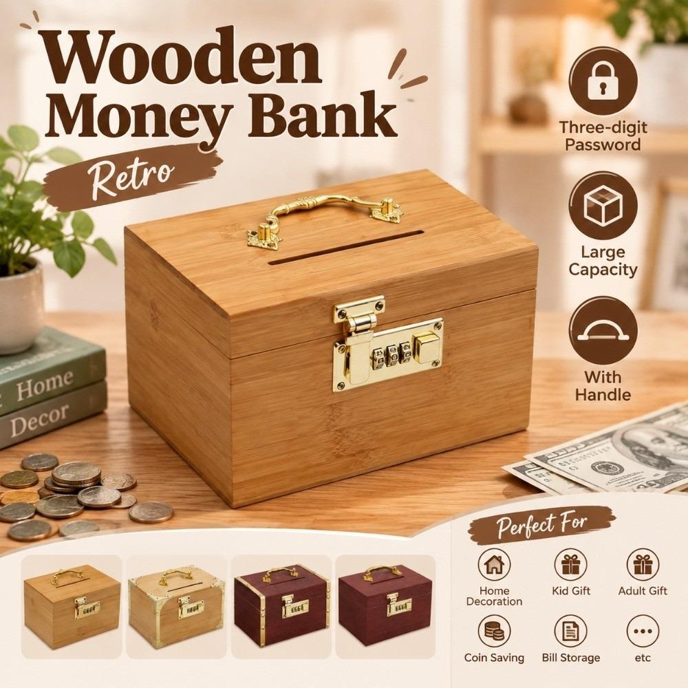 Large Capacity Wooden Money Bank Retro Treasure Storage Box Jewelry Box Piggy Bank Bill Storage