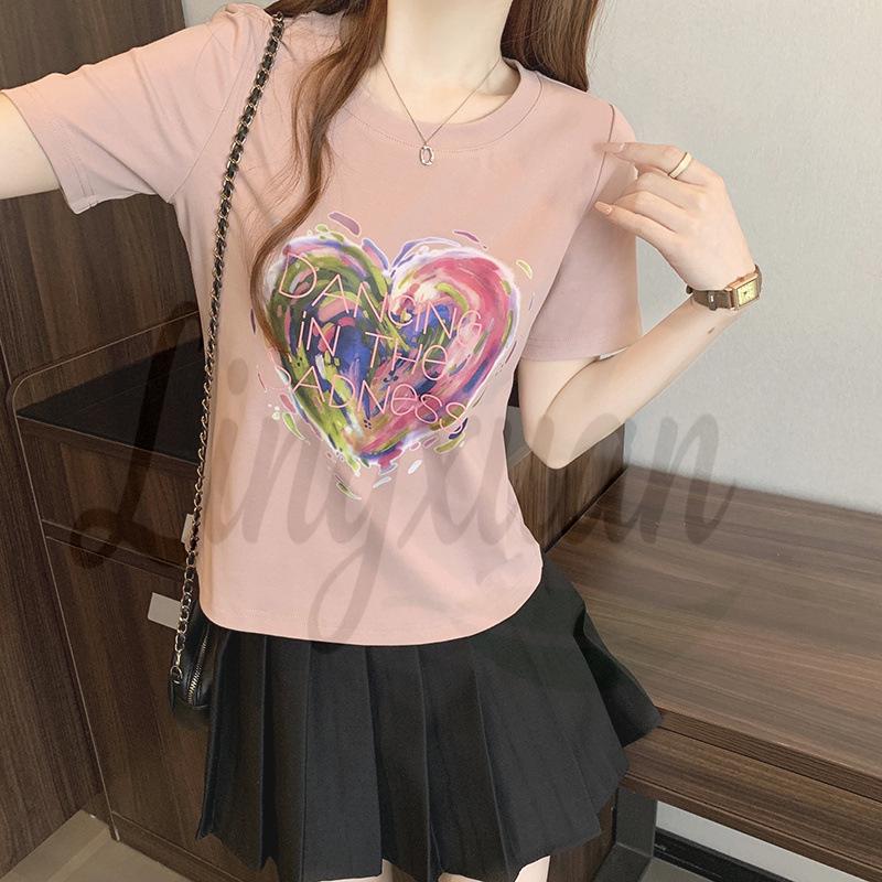 

2026 Summer Plus Size Women s Korean Heart Letter Print Short Sleeve T-Shirt 3XL рожевий
