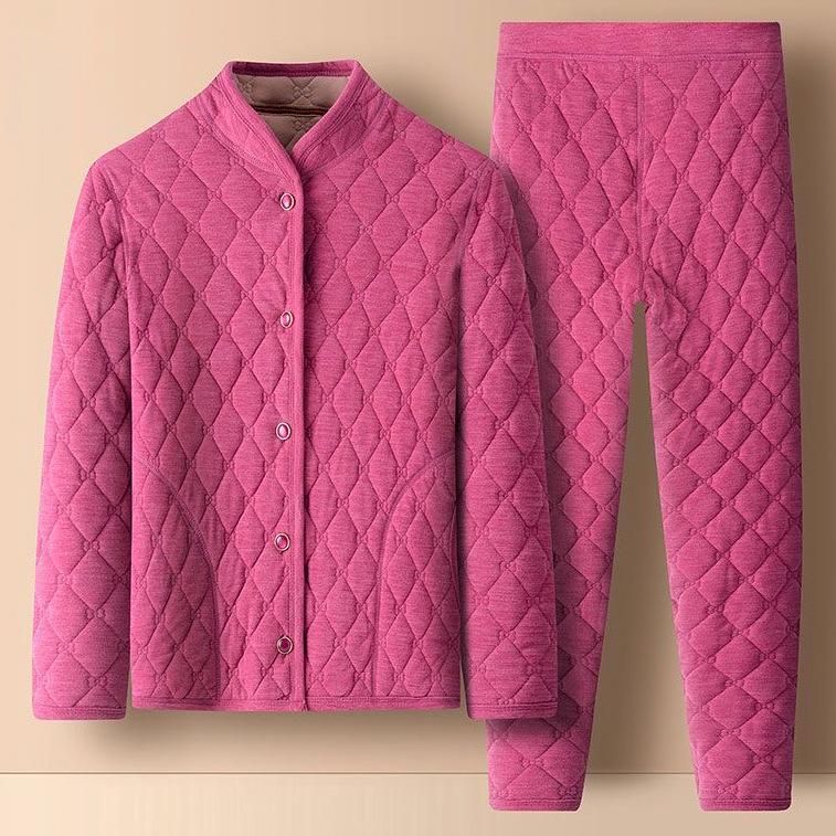 Coral Velvet Quilted Home Wear Set: Warm Fleece Pajamas for Middle-Aged and Elderly Men & Women