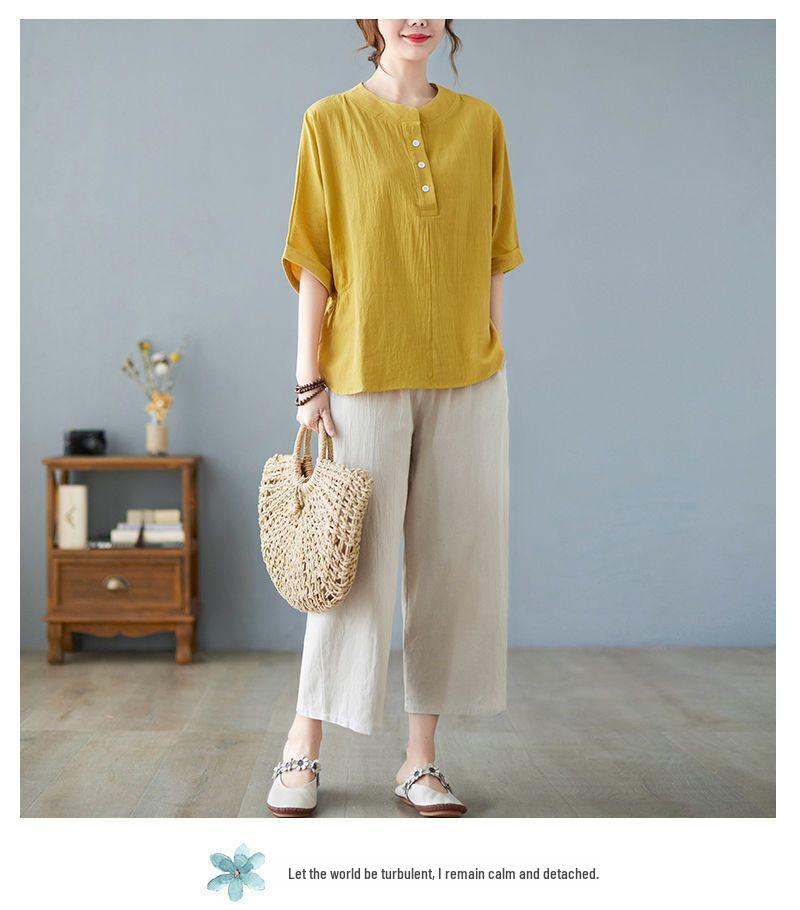 Chic 2025 Summer Linen Top & Shorts Set for Middle-Aged Women - Plus Size, Solid Color, Casual Short Sleeve