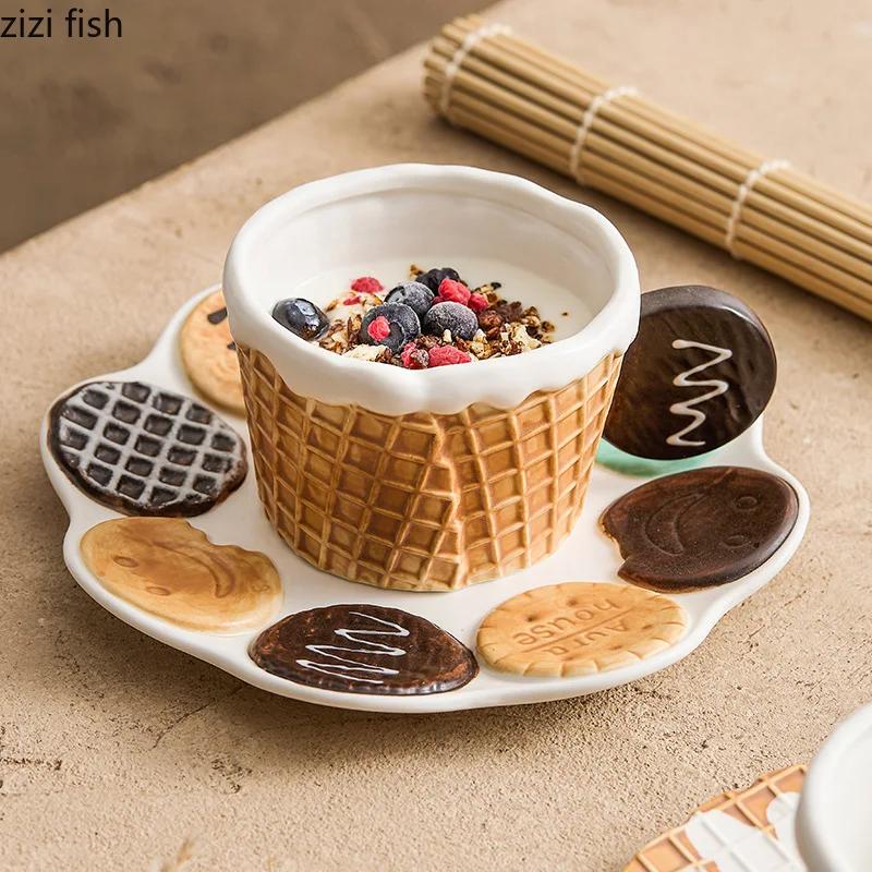 Cookie Handle Ceramic Mug Cookie Plate Creative Breakfast Cup Coffee Cup Milk Cup Beverage Cups Household Water Cups Teacup