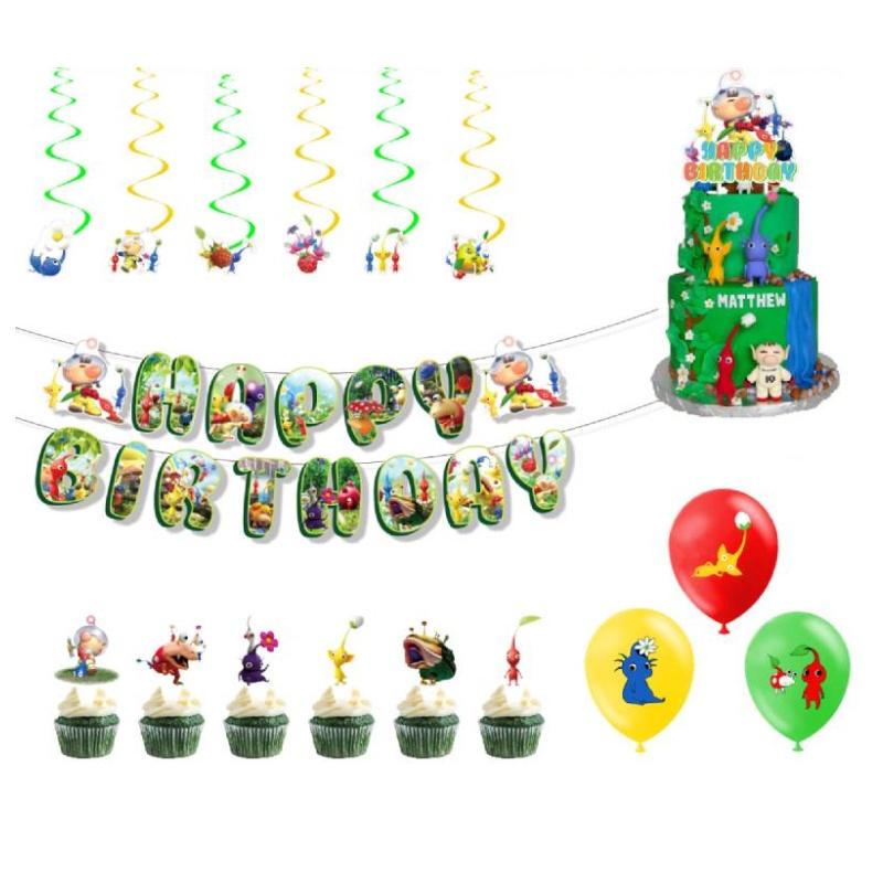 Sada Narozeninových Dekorací Pikmin-4 Vlaječky Balónky Zápichy a Závěsné Dekorace