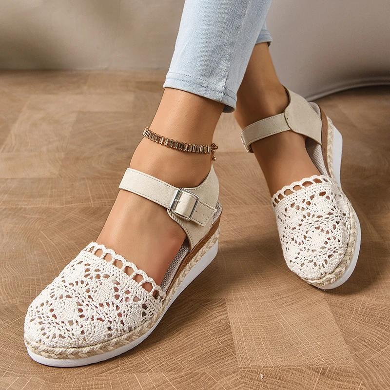 Fashion Hollow Breathable Women's Wedge Sandals Summer 2025 Buckle Strap Platform Espadrille Shoes Woman Lightweight Closed Toe Sandals