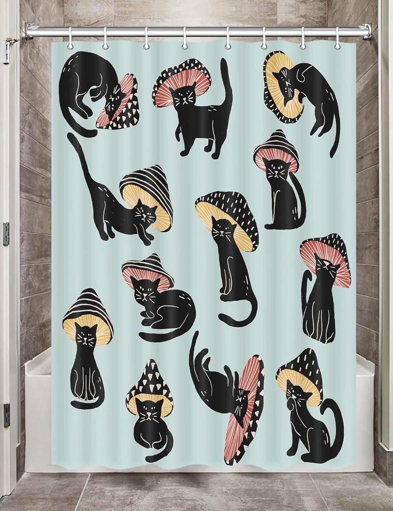 Cute Cat Shower Curtain, Funny Animal Cartoon Cat Floral Wildflower Black Fabric Shower Curtains Set for Bathroom Decorative