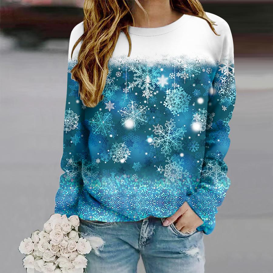 Tops For Women Beautiful Snowflakes Print Round Neck Long Sleeve T-shirt Fall Casual Slim Pullover Women's Long Sleeve Top