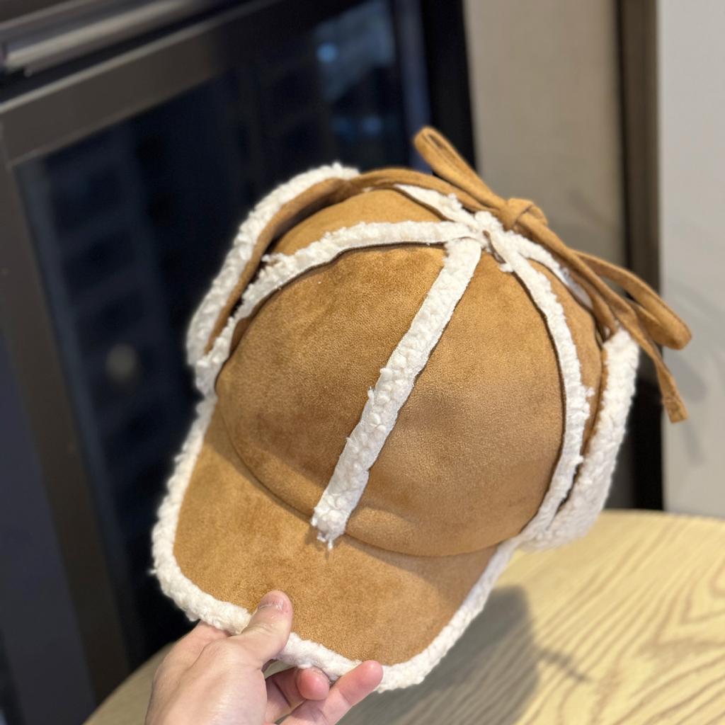 Sherpa Baseball Cap with Ear Flaps Korean Style Drawstring Suede Peak Trapper Inspired Winter Hat