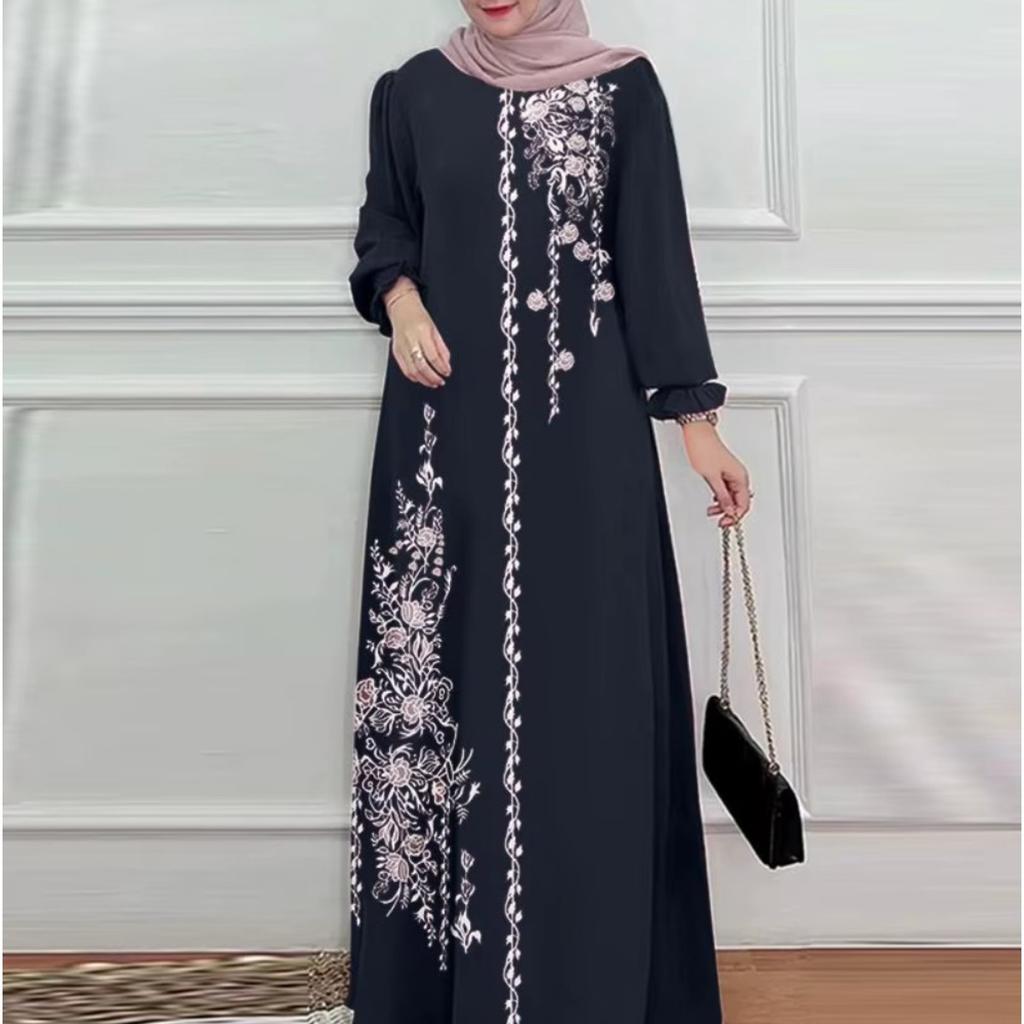 Women's Crew Neck Long Sleeve Maxi Dress Loose Waist Floral Embroidery Modest Abaya Dress
