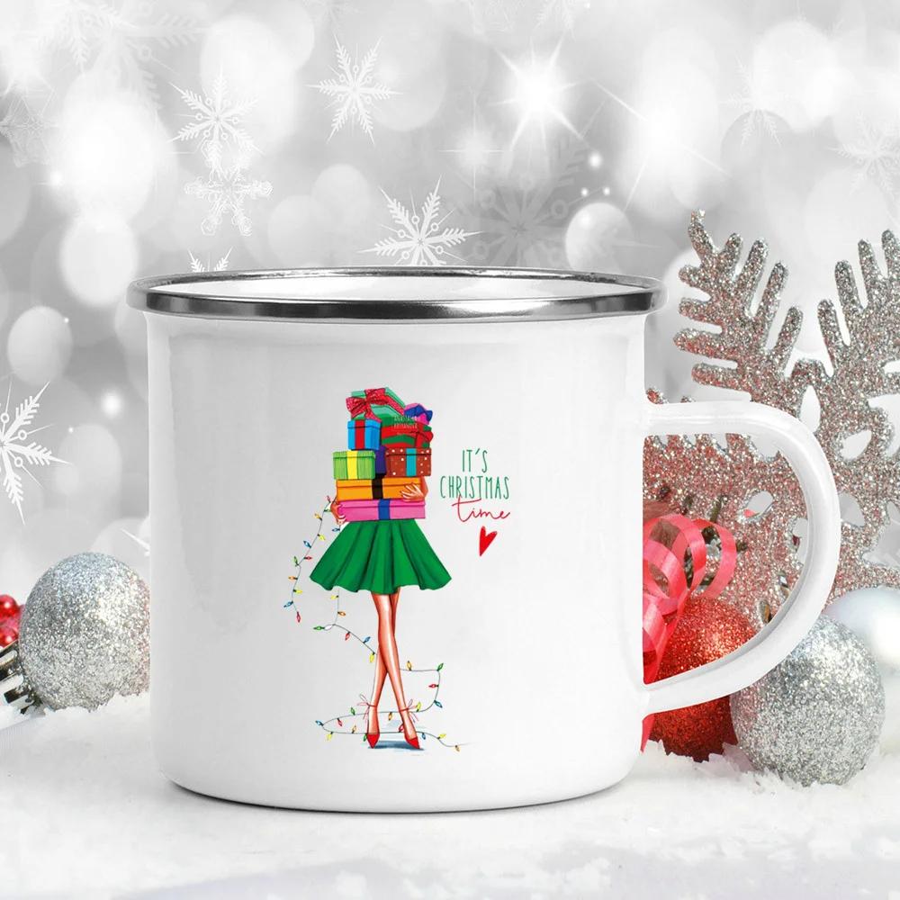 Happy Holidays! Printed Mugs Enamel Handle Drink Beer Juice Cups Girl Christmas Tree Coffee Cup Xmas Eve Gift For Lover  Friend