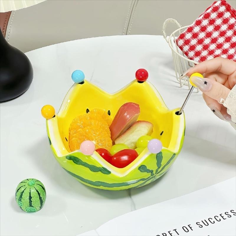 Ceramic Watermelon Snacks Platter Includes 6 Stainless Steel Fruit Forks Tableware For Family Gatherings Barbecues