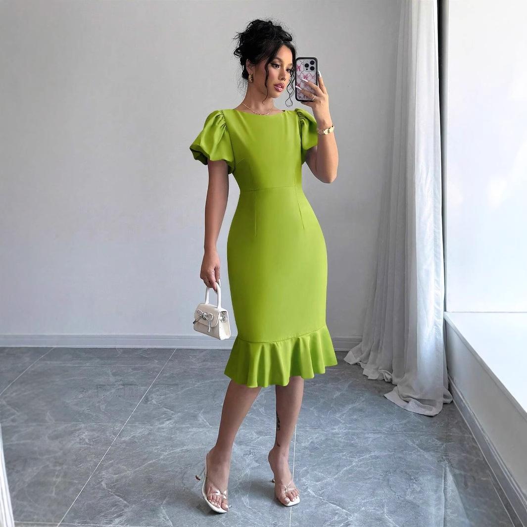 

Женское модное платье-русалка от инфлюенсера в Instagram, с круглым вырезом, рукавами-фонариками и оборкой по низу, сексуальное и элегантное XL зелёный