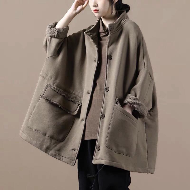 

2025 Autumn/Winter Plus Size Fleece-Lined Women s Hoodie with Stand Collar and Pockets - Trendy Streetwear Outerwear. One Size (95~220 jin) хакі