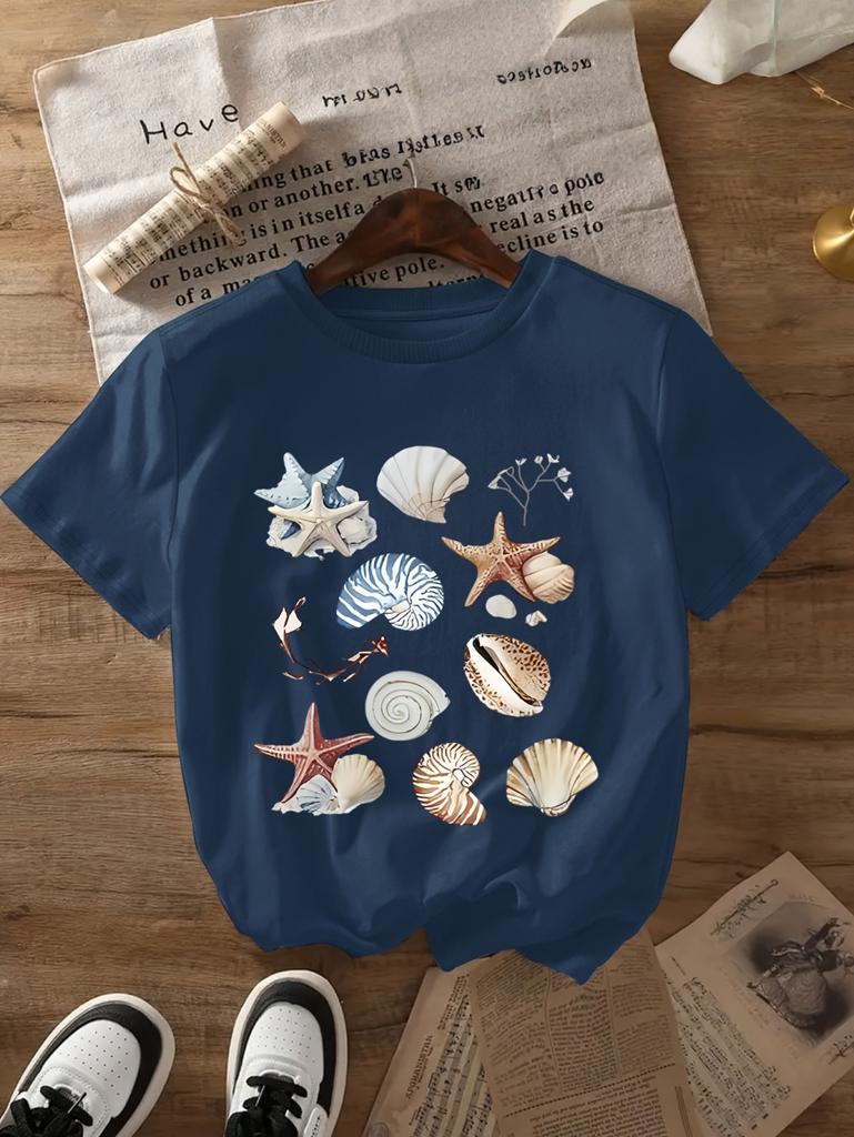 Summer Playful Women's Casual Short Sleeve T-Shirt Shell Print Ocean Style Trendy Tops Hawaii Vacation Outdoor Fit Woman Clothes