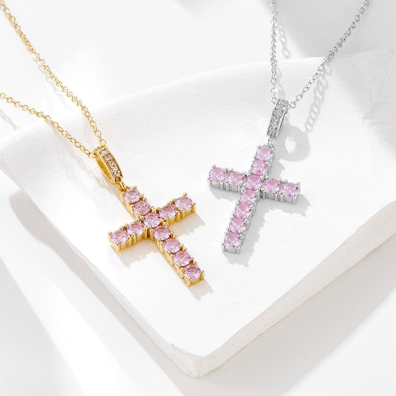 Mlluki 925 Sterling Silver Pink Cross Pendant Necklace for Women