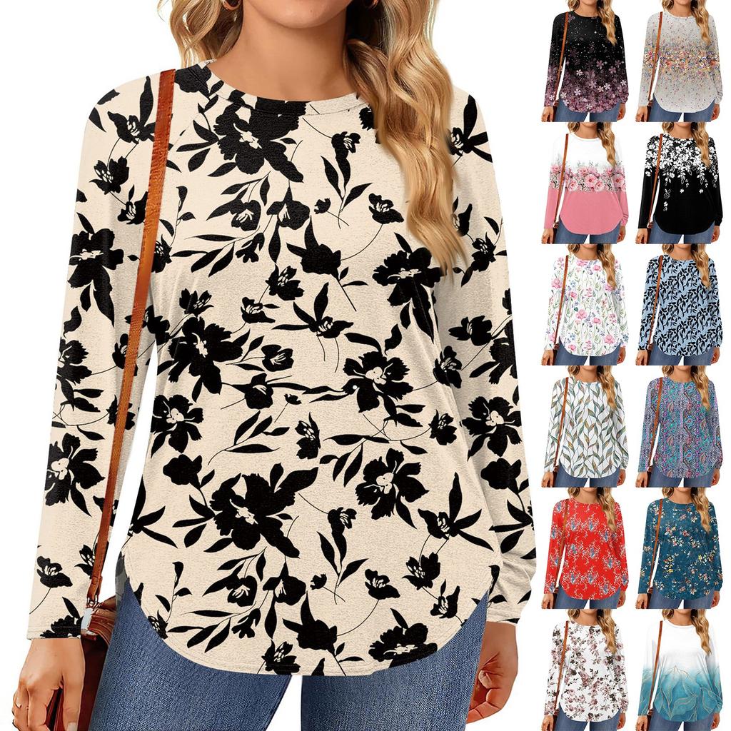 Womens Plus Size Tops Long Sleeve Shirts Round Neck Flowy Tunic Casual Loose Blouse L-5X