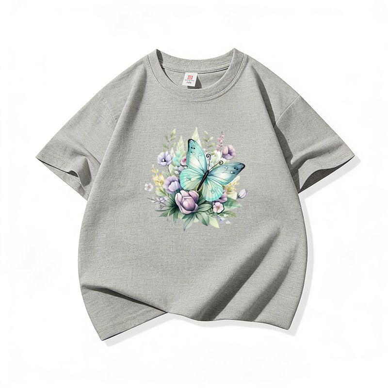 Kids Cotton T Shirt Mint Butterfly With Purple Flowers Print Crew Neck Short Sleeve Tee Casual Boys Girls Summer Tops