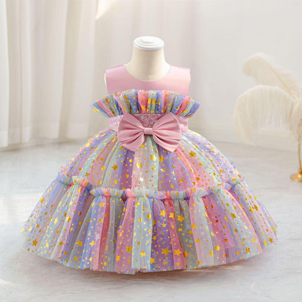 Summer 2025 Girls' Star Gradient Sleeveless Mesh Princess Dress with Butterfly Design for Formal and Piano Events