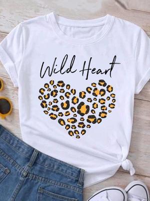 (Asiatische Größe) Casual Oansatz T-Shirt Leopard Liebe Herz Trend Kleidung Top Kurzarm T-Shirt Mode Druck Dame Weiblich Frauen Grafik T-Shirts
