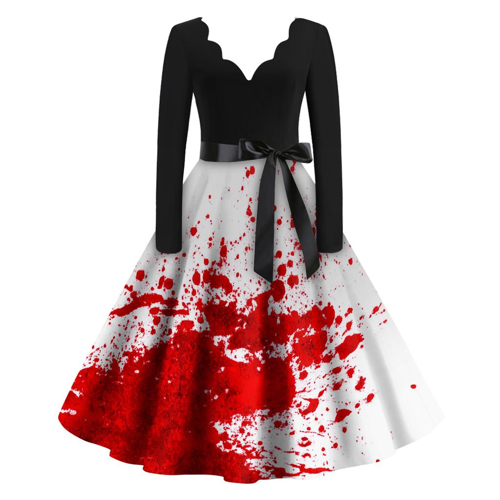 Women's Casual Fashion Halloween Printed V-Neck Vintage Dress