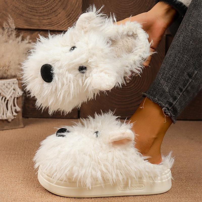 Fashion Cute Cartoon Dog Fur Slippers Women Soft Platform Furry Cotton Slippers Woman Winter Slip On Plush Warm Cotton Slides Female