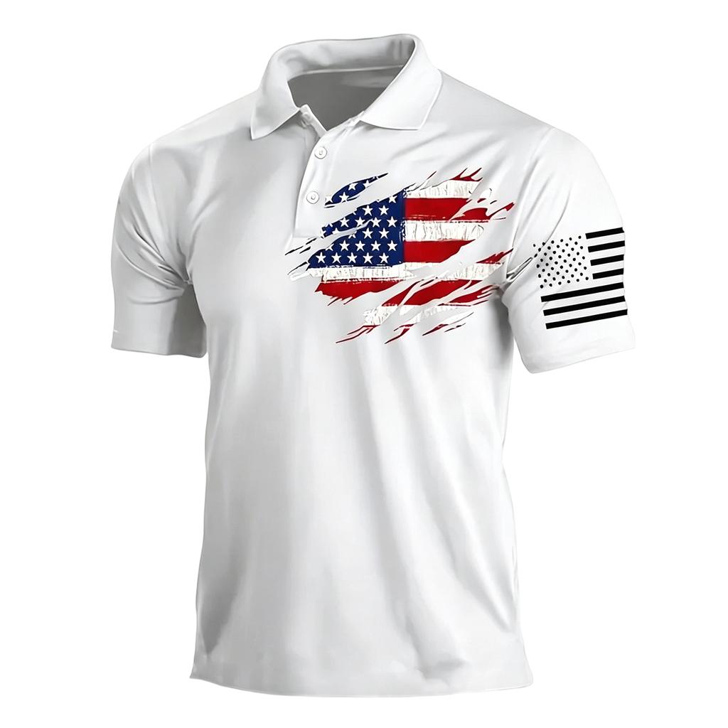Men’s Casual Polo Shirt Short Sleeve with Flag Print Turn Down Collar Classic Fit for Everyday Wear Outdoor Activities