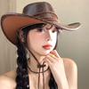 Leather leaf pattern western cowboy hat - all-season unisex wide brim sun hat for outdoor camping and sun protection