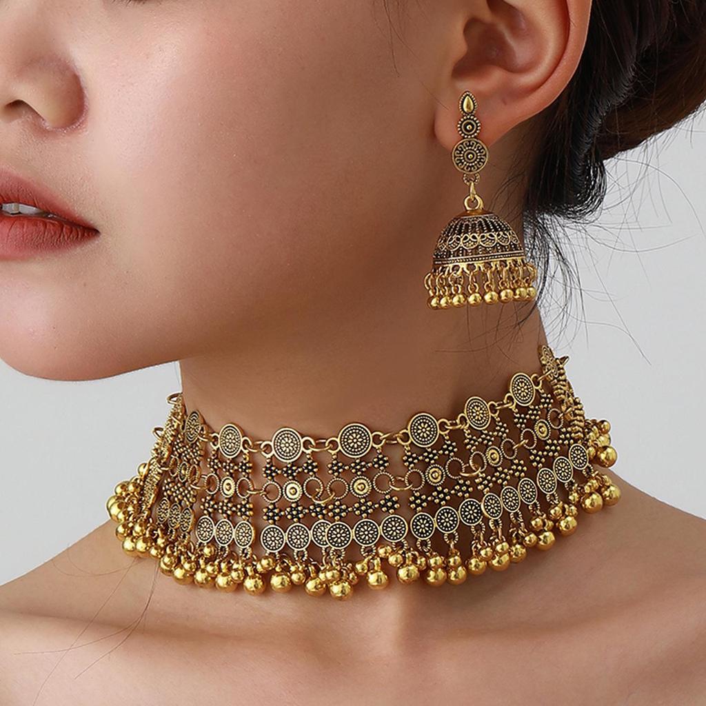 Bohemian Exotic Rhinestone Tassel Necklace & Earrings Set In Antiqued Alloy
