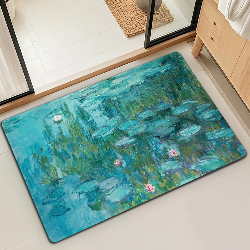 Felpudo de Puerta Alfombra de Piso Decorativa Versátil de Franela Secado Rápido Absorbente Suela Antideslizante Microfibra de Baño Pintura al Óleo Lotus M-Monet