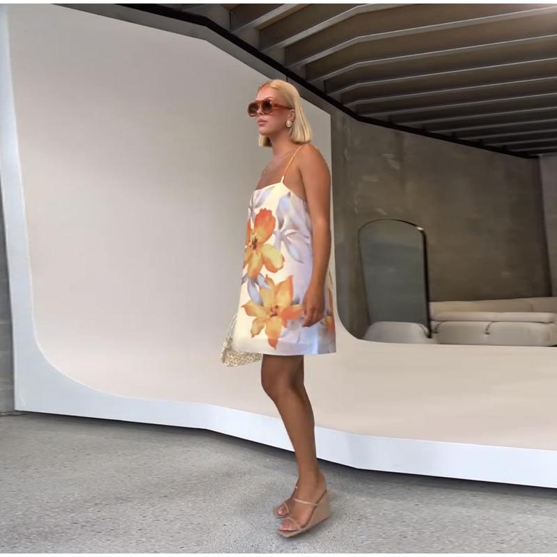 Print Sleeveless Strap Dress Women's Loose Square Collar Off Shoulder Mini Dresses Beachwear