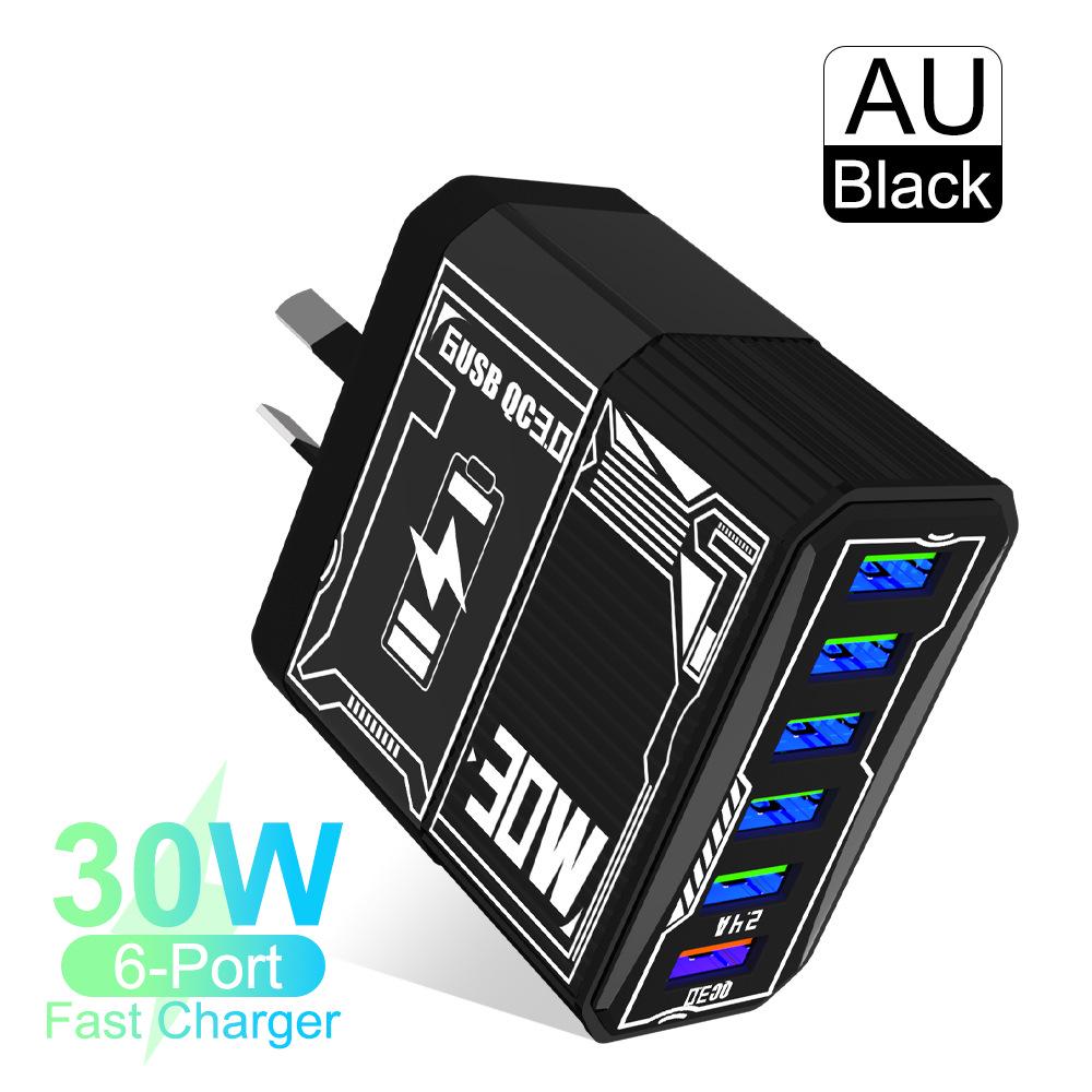 

30W 6-Port USB QC3.0 Fast Charger Adapter - EU, US, UK, AU Plug Packaging Box + 0.8 [Contact Customer Service]