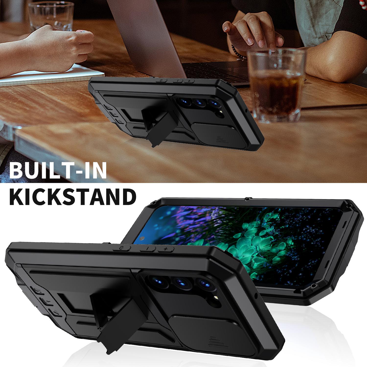 

R-JUST For Samsung Galaxy S23+ Slide Camera Lid PC+Silicone+Metal Phone Case Kickstand Drop-proof Cover with Tempered Glass Screen Protector Black