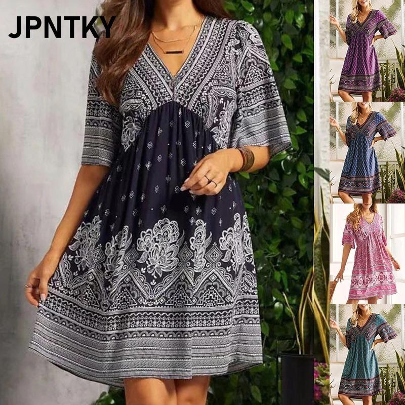 JPNTKY Fashion Summer Spring Short Sleeve V-Neck Casual Dresses