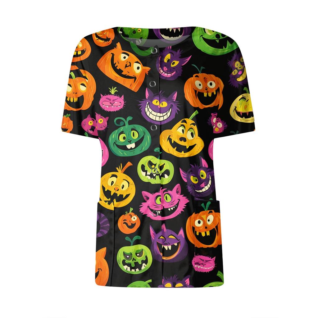 Women's Short Sleeved Patterned Pockets, Work Print Stand Up Collar, Single Breasted Protective Clothing, Cardigan Jacket, Top