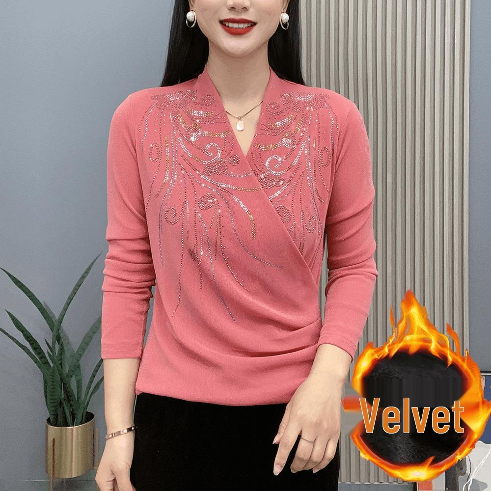 Autumn/Winter Cross-Neck Rhinestone Phoenix Long-Sleeve Base Layer Shirt