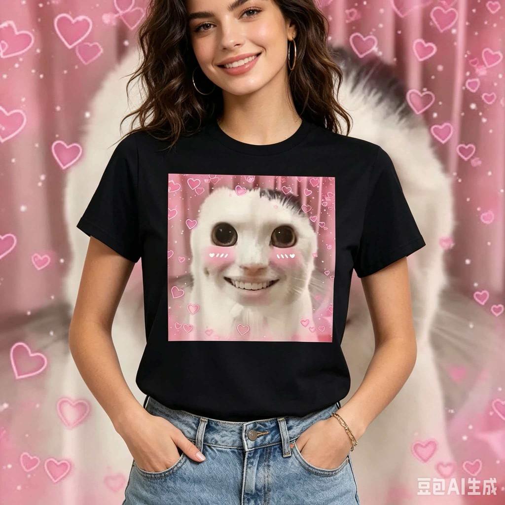 Sad Cat Expression Printed Unisexs and Womens Loose Casual Short Sleeved New Personalized Fashion Trend Round Neck Tshirt